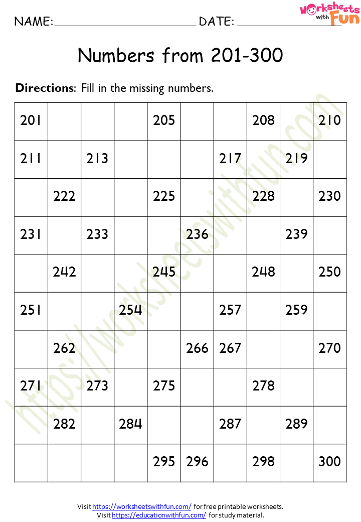 Maths Class 1 Missing Numbers 201 300